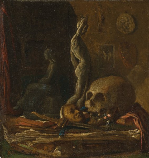 A skull, mask, sword, statuette and book on a table in an artist's studio oil on copper  by French School - Hand-Painted Oil Painting Reproduction