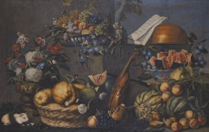 A Still Life With Various Fruits In A Basket And On A Ledge, Flowers In A Vase, Musical Instruments And A Monkey With A Flute by French School Oil Painting