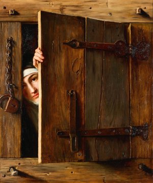 A Trompe L'Oil With A Young Nun Peeking Out Through A Shutter by French School Oil Painting