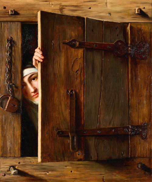 A Trompe L'Oil With A Young Nun Peeking Out Through A Shutter  by French School - Hand-Painted Oil Painting Reproduction