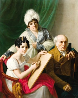 A Young Artist Drawing Her Father by French School Oil Painting