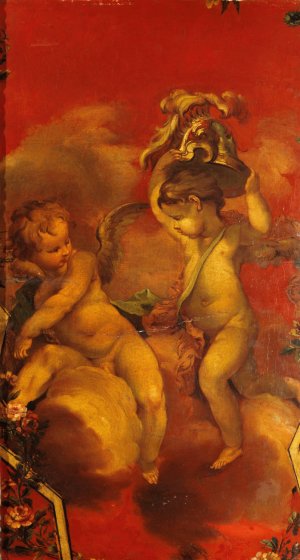 Deux Genies avec un casque by French School Oil Painting