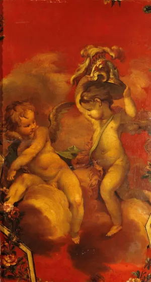 Deux Genies avec un casque by French School Oil Painting