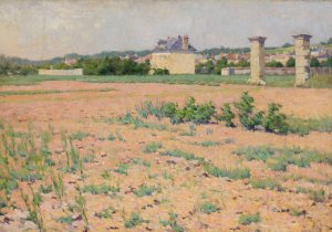 French Country Landscape with Houses in the Distance by French School Oil Painting