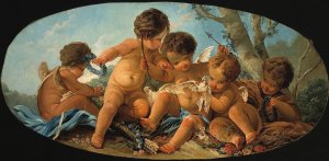 Groupe de cinq Amours avec des colombes by French School Oil Painting