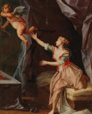 Interior with a woman and Amor flying away by French School Oil Painting