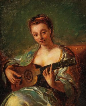 Lady playing the guitar by French School Oil Painting