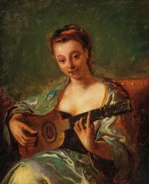 Lady playing the guitar by French School Oil Painting