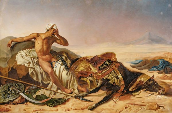 Man Lamenting The Death Of His Steed  by French School - Hand-Painted Oil Painting Reproduction