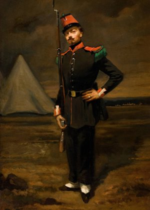 Portrait of a French Soldier in Uniform near his Encampment by French School Oil Painting
