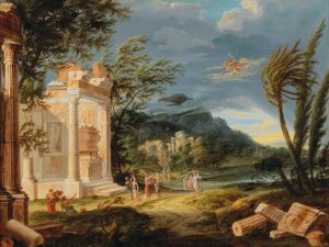 Stormy Landscape with figures and Hermes by French School Oil Painting