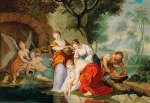 Thetis dipping the infant Achilles into the River Styx by French School Oil Painting