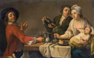 Two Young Men And A Woman Holding A Child Seated At A Table, Drinking Wine by French School Oil Painting