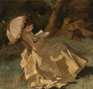 Woman Holding An Umbrella by French School Oil Painting