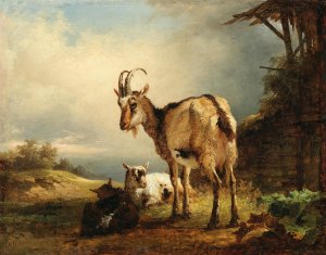 A Goat with Two Kids by Friedrich August Matthias Gauermann Oil Painting