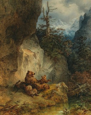 A mother bear and her cubs with a stag by Friedrich August Matthias Gauermann Oil Painting