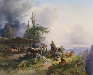 Alpenwirtschaft am Untersberg by Friedrich August Matthias Gauermann Oil Painting