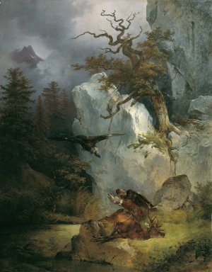 Ein Geier auf verendetem Hirsch by Friedrich August Matthias Gauermann Oil Painting