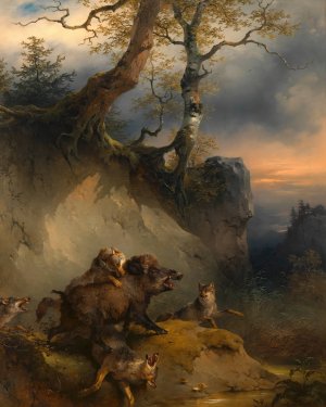 Ein von Wolfen Angefallener Eber by Friedrich August Matthias Gauermann Oil Painting