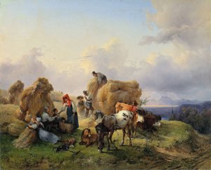 Harvesting In The Foothills Of The Alps Oil painting by Friedrich August Matthias Gauermann