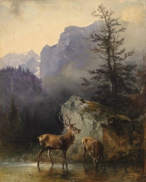 Hirsch und Tier an der Tranke by Friedrich August Matthias Gauermann Oil Painting