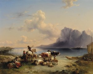 Hirten und Vieh am Attersee Oil painting by Friedrich August Matthias Gauermann