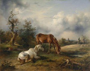 Schimmel und Fuchs auf der Weide by Friedrich August Matthias Gauermann Oil Painting