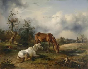 Schimmel und Fuchs auf der Weide by Friedrich August Matthias Gauermann Oil Painting