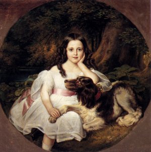 A Young Girl Resting In A Landscape With Her Dog