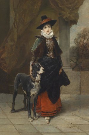 Bildnis einer Dame im historisierenden Kostum mit Dogge by Friedrich August Von Kaulbach Oil Painting