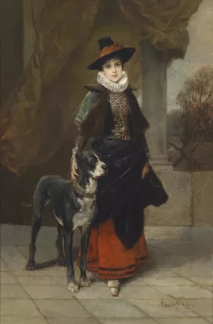 Bildnis einer Dame im historisierenden Kostum mit Dogge by Friedrich August Von Kaulbach Oil Painting