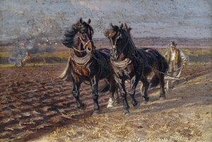Zwei Rappen am Pflug by Friedrich Eckenfelder Oil Painting