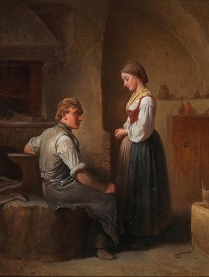 A Visit To The Smithy by Friedrich Friedlander Oil Painting