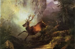 Deer Running Through a Forest by Friedrich Gauermann - Oil Painting Reproduction
