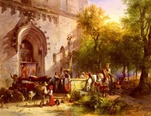 Der Dorfbrunn by Friedrich Gauermann Oil Painting