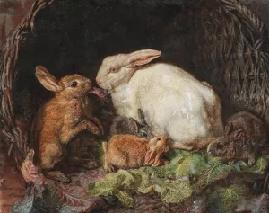 A Family of Hares by Friedrich Heimerdinger Oil Painting