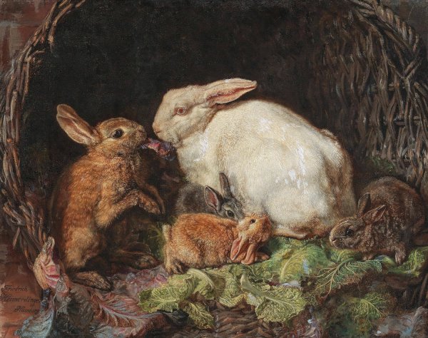 A Family of Hares by Friedrich Heimerdinger - Hand-Painted Oil Painting Reproduction