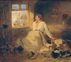 Verwundeter Kurassier auf einem Heuboden by Friedrich Johann Treml Oil Painting