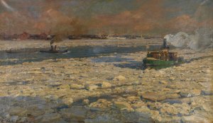 Gruner Fahrdampfer im Eis auf der Elbe. 'Wintersonne' by Friedrich Kallmorgen Oil Painting