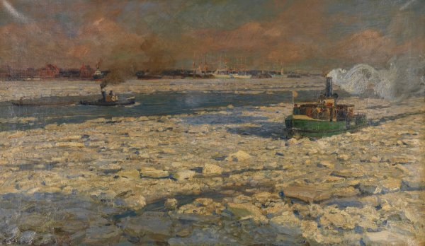 Main Product Photo of Gruner Fahrdampfer im Eis auf der Elbe. 'Wintersonne' Painting by Friedrich Kallmorgen