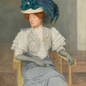 Damenbildnis mit grunem Federhut und Masche by Friedrich Konig Oil Painting