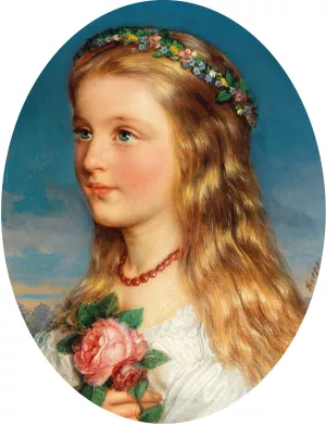 Portrait of a Girl with Flowers and Roses by Friedrich Krepp Oil Painting