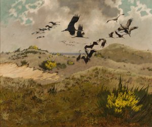 Arrival of cranes by Friedrich Lissmann Oil Painting