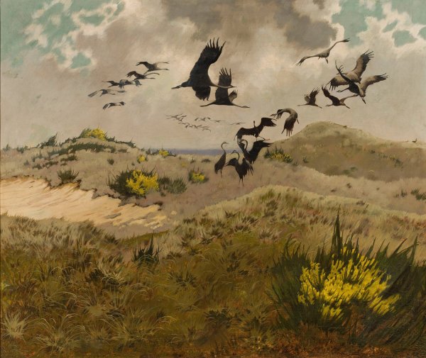 Arrival of cranes  by Friedrich Lissmann - Hand-Painted Oil Painting Reproduction