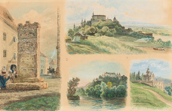 Main Product Photo of A view of Maribor, the Roman monument in Pettau, Oberpettau castle, Seckau castle Painting by Friedrich Loos