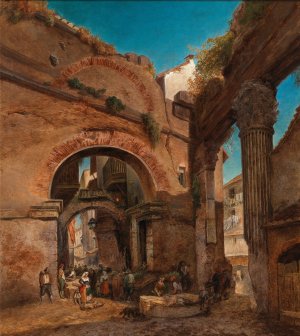Rome, view at the Portico di Ottavia with the old fisher's market by Friedrich Loos Oil Painting
