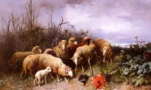 Schafe Eine Vogelscheuche Betrachtend by Friedrich Otto Gebler Oil Painting
