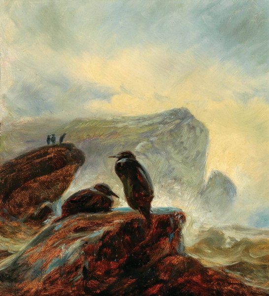 A Landscape with Cormorants on a Rock by Friedrich Preller The Elder - Hand-Painted Oil Painting Reproduction