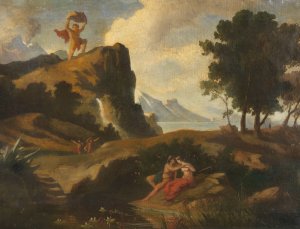 The jealous Cyclops Polyphemus kills Akis, the lover of the Nereid Galateia with a boulder by Friedrich Preller The Younger Oil Painting