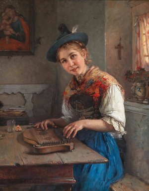 A Zither Player by Friedrich Prolls Oil Painting